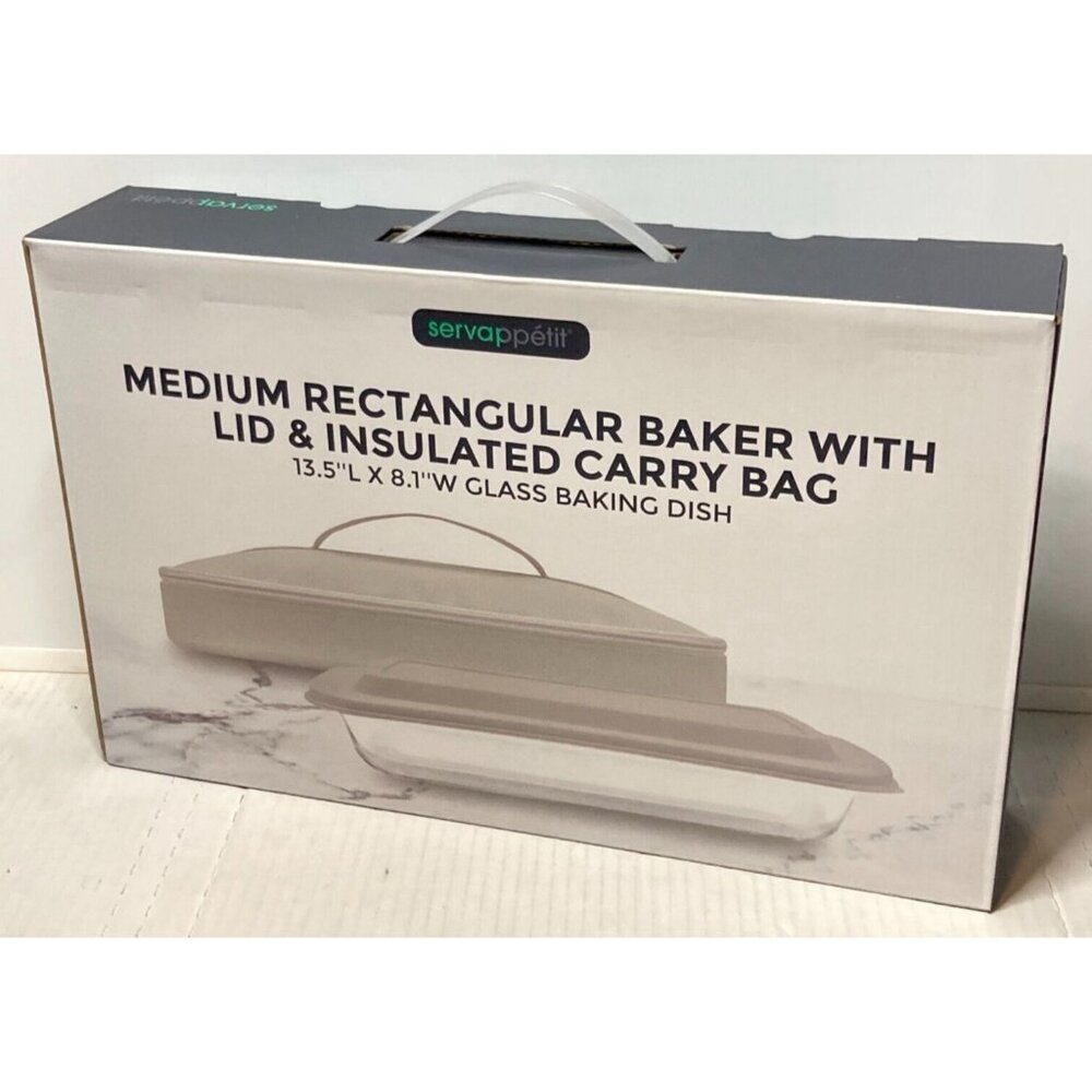 Servappetit Rectangle Baker Glass Baking Dish 13.5x8.1, Lid, Insulated Carry Bag